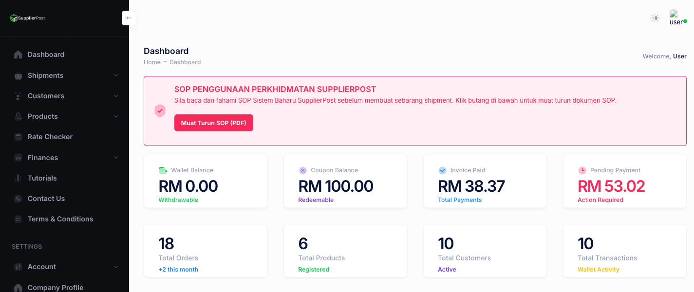 SupplierPost dashboard — order management overview